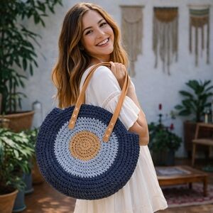 Handwoven Round Crochet Tote Bag with Leather Handles - Navy/Light Blue/Tan